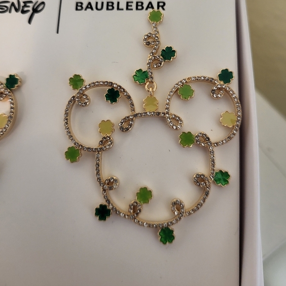 BaubleBar Disney With Green Shamrocks and Clear Stone  Gold Earrings - Picture 2 of 4